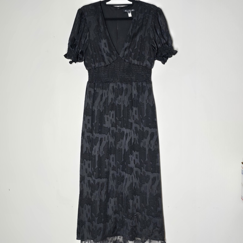 Anthropologie Hutch Smocked Maxi‎ Dress Puff Sleeve Textured Black Womens 10
